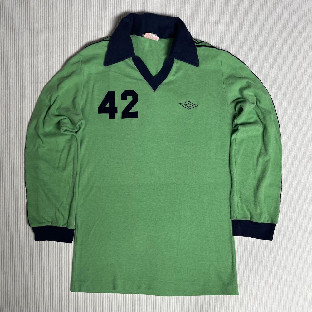 Vintage 70s Umbro Polo Shirt Mens M Green 42 Long Sleeve Soccer Jersey 80s Top